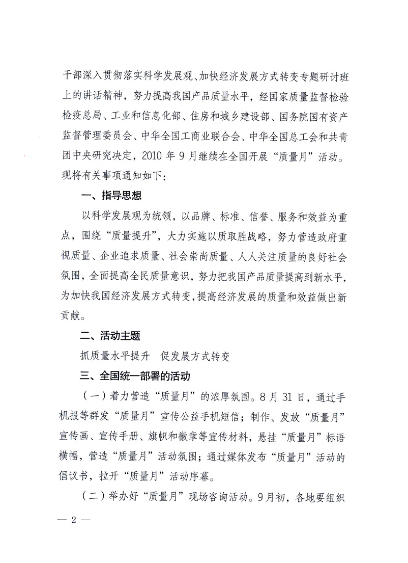 國家質量監(jiān)督檢驗檢疫總局、工業(yè)和信息化部、住房和城鄉(xiāng)建設部、國務院國有資產監(jiān)督管理委員會、中華全國工商業(yè)聯合會、中華全國總工會、共青團中央《關于開展2010年全國“質量月”活動的通知》